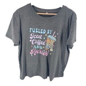 Shein Women's Fueled By Iced Coffee And Anxiety Graphic T-Shirt Gray Size XXL